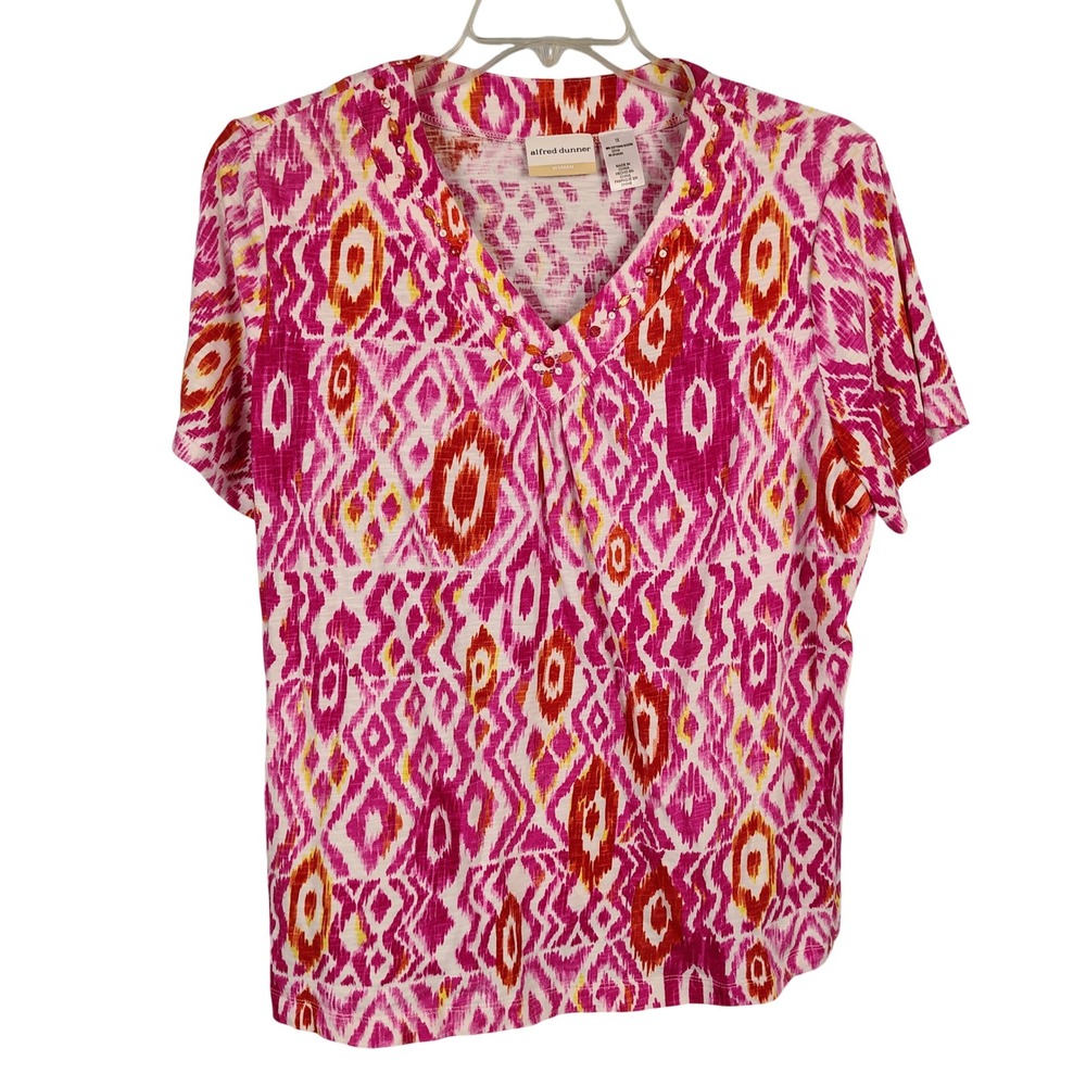 Alfred Dunner Womens 1X Ikat Print Top Pink Orange Cotton Blend Beaded Boho